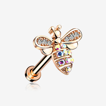 Rose Gold Glistening Honey Bee Sparkle Internally Threaded Labret-Clear Gem